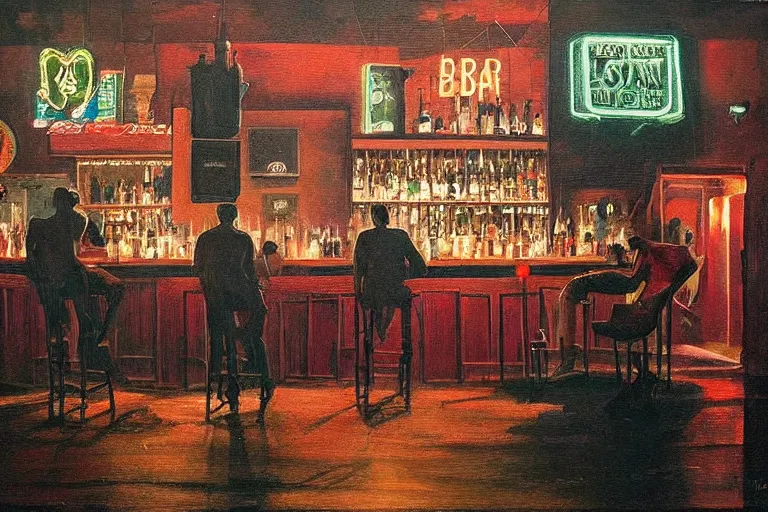 Image similar to scene from louisiana swamps, bar, neon cross, voodoo, artwork by tim eitel