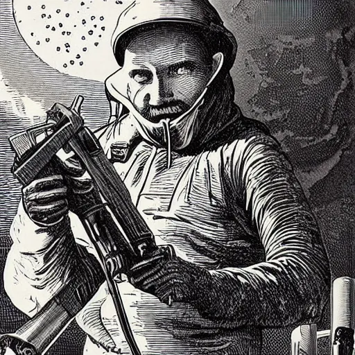 Prompt: 19th century trapper, holding a laser rifle, on mars, pulp science fiction illustration