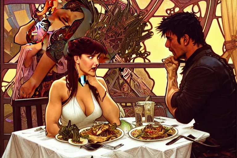 Image similar to xena warrior princess eating at a restaurant, with a hispanic man in a suit as her companion, art by artgerm and greg rutkowski and alphonse mucha