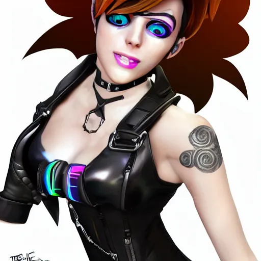 Image similar to portrait bust digital artwork of tracer overwatch, wearing black iridescent rainbow latex tank top, 4 k, expressive happy smug expression, makeup, in style of mark arian, angel wings, wearing detailed black leather collar, chains, black leather harness, detailed face and eyes,
