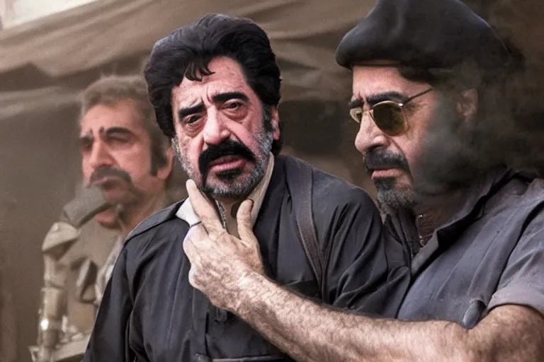 Image similar to Al Pacino as Saddam Hussein in 'SadDamn Hussling' (2023), movie still frame, promotional image, imax 70 mm footage, oscar nominated cinematography, volumetric lighting, 8k resolution