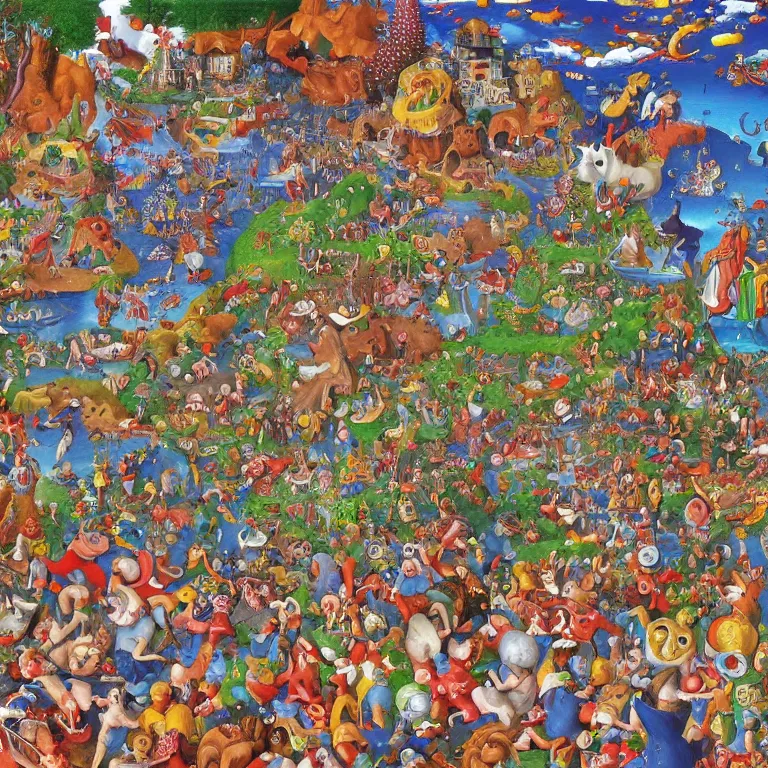 Image similar to an incredibly detailed masterpiece painting of a Where's Waldo puzzle by bosch and lisa frank, ornate, beautiful, bold colors, detailed, high resolution, wow!, realistic, photorealism, intricate