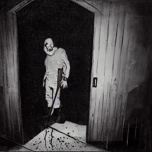 Image similar to Ted Cruz with a wide grin wielding a bloody hatchet peaking through a door in the distance at the end of a narrow corridor, black and white, creepy lighting, scary, horror, ornate, eerie, fear, oil painting