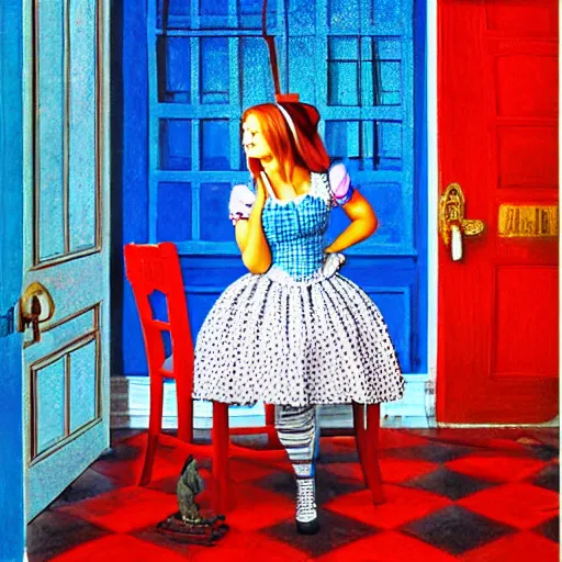 Image similar to alice in the wonderland, sitting, checkered floor, chair, blue dress, red door blonde, ceiling by cheval michael