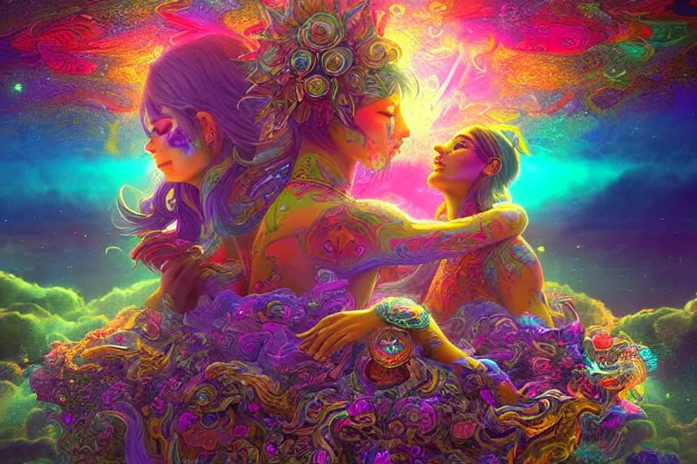 Prompt: a psychedelic realm at the edge of existence where intensely creative astral beings live, the astral beings are embracing each other to share love, in the style of wlop and mario martinez, illustration, epic, fantasy, hyper detailed, smooth, unreal engine, sharp focus, ray tracing