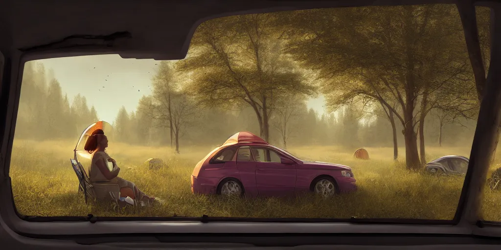 Image similar to looking out a car window to see two women camping, elegant scene, low angle, wide angle, indian forest, wide angle, cinematic, ultrarealistic, trending on artstation, cgsociety, highly detailed, color graded, rendered in unreal engine 4 k hq, matte painting, by simon stalenhag and hudson river school, horizon forbidden west