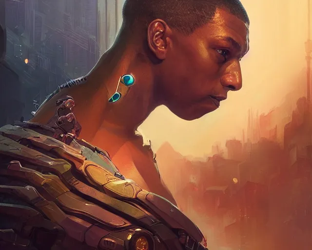 Image similar to man mbappe with cyberpunk implants, deep focus, d & d, fantasy, intricate, elegant, highly detailed, digital painting, artstation, concept art, matte, sharp focus, illustration, hearthstone, art by artgerm and greg rutkowski and alphonse mucha