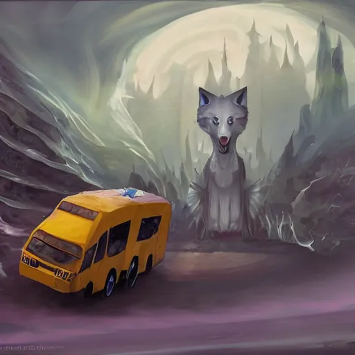 Prompt: Transformer hybrid of bus and wolf, having cabin if form of wolf head with big yellow eyes looking at us full of rage and long body of bus with wheels and windows, mechanical form of life, oil on canvas, fantasy, magic, dream, digital painting, concept art, smooth, sharp focus, illustration, artstation trending, octane render, unreal engine, Ghibli, anime style, cyberpunk