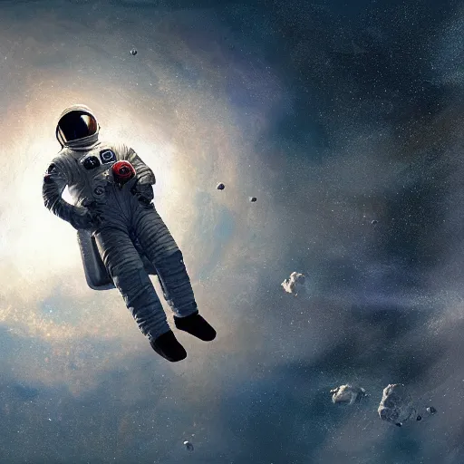 Image similar to painting of an astronaut floating in space by greg rutkowski and craig mullins, Dark cinematic and atmospheric, Dark space, Film photography, UHD 8k,