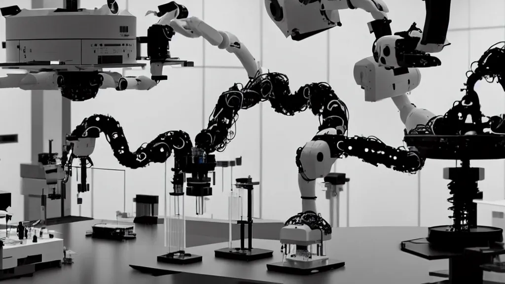 Image similar to a complex bifurcated robotic cnc surgical arm hybrid mri 3 d printer machine making black and white ceramic mutant forms in the laboratory inspection room, film still from the movie directed by denis villeneuve with art direction by salvador dali, wide lens