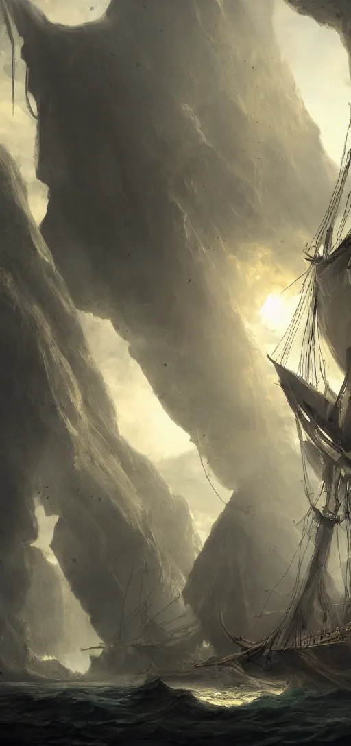 Image similar to matte painting of a pirate ship in a secret cave, sails and masts on fire, dramatic light, sunlight cones from an hole above, 8k, very detailed, concept art