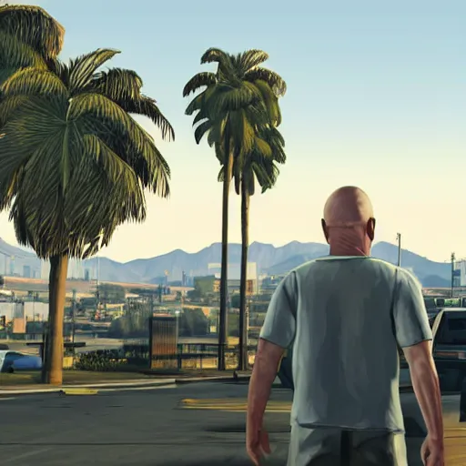 Image similar to Walter White in GTA V. Los Santos in the background, palm trees. In the art style of Stephen Bliss