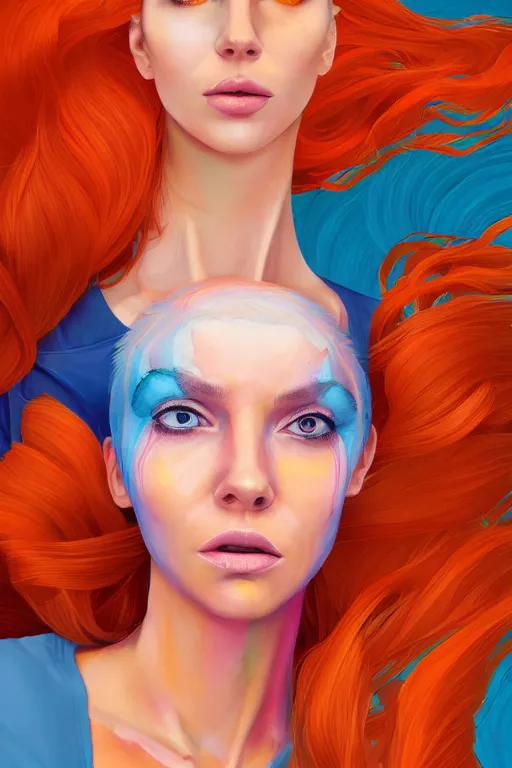 Image similar to a award winning half body portrait of a beautiful caucasian woman in a croptop and cargo pants with ombre orange blue teal hairstyle with head in motion and hair flying by martine johanna and will eisner, outrun, vaporware, digital art, trending on artstation, highly detailed, fine detail, intricate