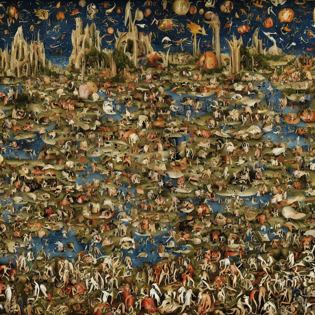 Prompt: “ a human standing inside the garden of earthly delights writing in a language from atlantis, highly detailed in 4 k ”