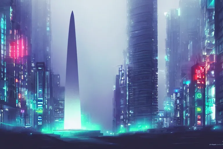 Prompt: buenos aires obelisk, cyberpunk neon, 4 k wallpaper sci - fi 8 0's movie still full hd, detailed masterpiece, fog