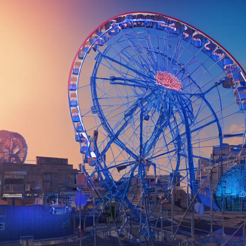 Image similar to unreal engine render, a blue guitar with a ferris wheel in the background, cinematic, sunset, fantasy, 8 k, trending on artstation