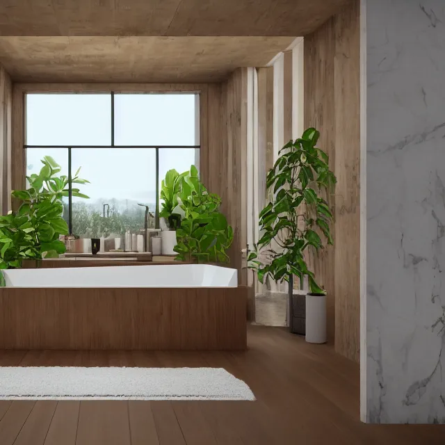 Image similar to post and beam bathroom interior, bathtub with golden faucet, wood cabinets, marble, large window in back with forest view, large potted plant, realistic, unreal engine render, octane render, hyper realistic, photo, 8 k