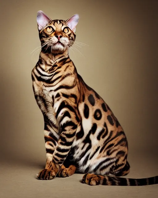 Image similar to medium format Bengal Cat Photography, Hyperreal, 8k in the style of Annie Leibovitz