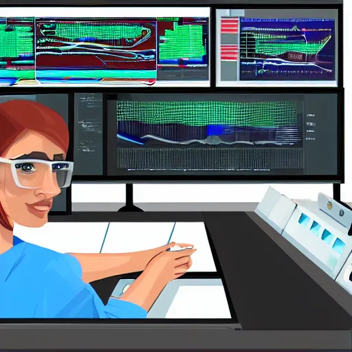 Image similar to a female scientist sitting in the control room,watching the graphics on the panel,digital art,trending on artstatiion