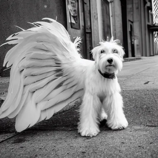 Prompt: photo of a white schnauzer dog with open feathered wings on his back sitting on the street of an abandoned dystopic city, hyprrealism, 5 5 mm photo