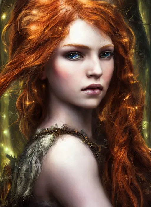 Image similar to a beautiful woman archer, 8 k, hyperrealistic, hyperdetailed, uhd, beautiful face, long ginger hair, dark fantasy, dark forest, fantasy portrait by laura sava