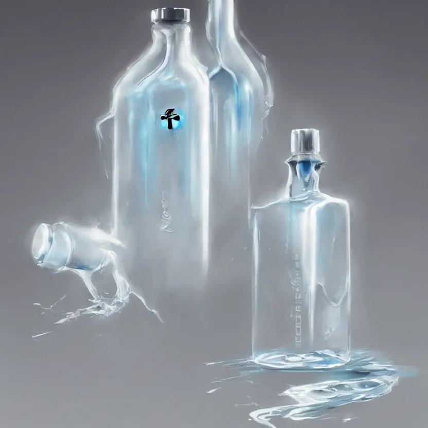 Prompt: concept art of a porsche white liquid dietary supplement in a transparent bottle with big black sticker on it, by aenaluck, artgerm and roberto ferri and greg rutkowski, light blue and white tones, digital painting, artstation, concept art, smooth, sharp foccus ilustration hq