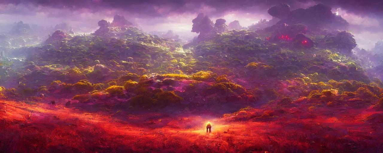 Image similar to ” otherwordly landscape rolling hills, [ cinematic, detailed, epic, widescreen, opening, establishing, mattepainting, photorealistic, realistic textures, octane render, art by paul lehr ] ”