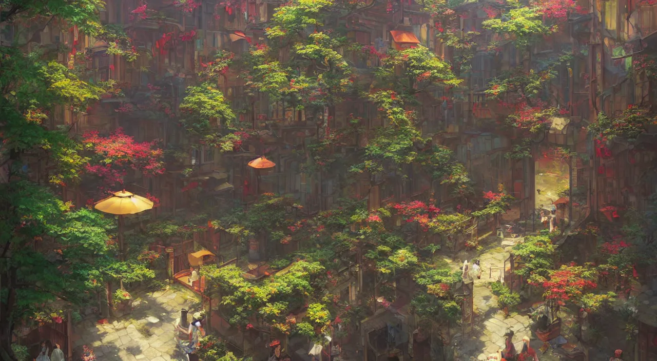 Prompt: A vibrantly colored fantasy painting of a small courtyard at a Japanese wizardc college, by greg rutkowski, trending on artstation, highly detailed matte painting,