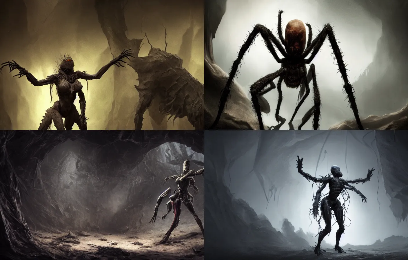 Prompt: creepy matte painting of an armored female spider centaur with eight spider legs in a dark cave, ultra detailed, monster, half human half spider, human torso and head, human face, human arms, spider thorax, creature design, concept art, 8 k, moody lighting, muted colors, dramatic lighting, realistically proportioned face