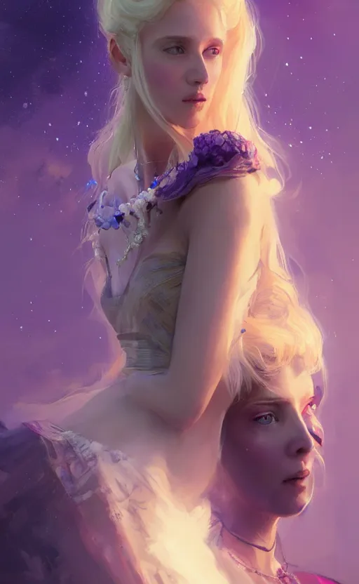 Prompt: portrait of a princess with a purple dress, blonde hair and bangsnecklace space, concept art, fantasy, highly detailed, cinematic lighting, digital painting by greg rutkowski