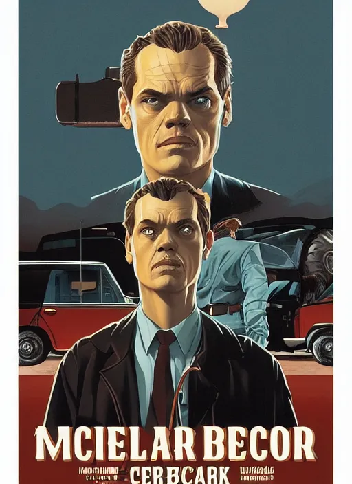 Prompt: poster artwork by Michael Whelan and Tomer Hanuka, Karol Bak of portrait of Michael Shannon the local mechanic clerk at the auto store, from Twin Peaks, clean, simple illustration, nostalgic, domestic, full of details