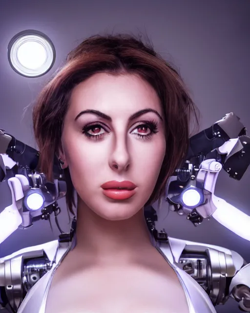 Image similar to centered portrait of flirtatious young sabrina salerno as a solarpunk mecha humanoid robotic parts and camera lens over left eye with bright led lights, real human face, pudica pose bouguereau style, white room, ultra - realistic and intricate, soft portrait shot 8 k