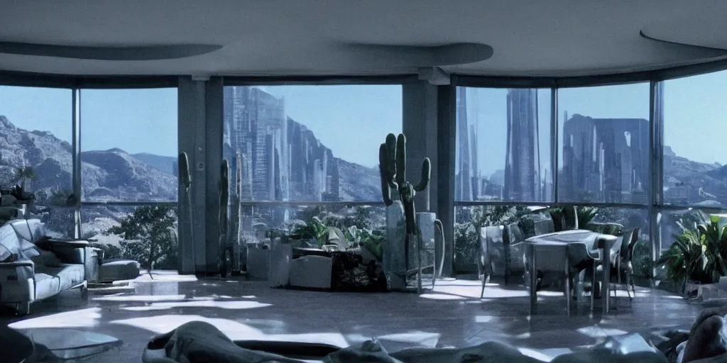Prompt: a luxury apartment with large windows, 1 9 8 0 s science fiction, windows overlooking an alien blue cactus jungle landscape, sci - fi film still, screenshot from a science fiction movie, ridley scott
