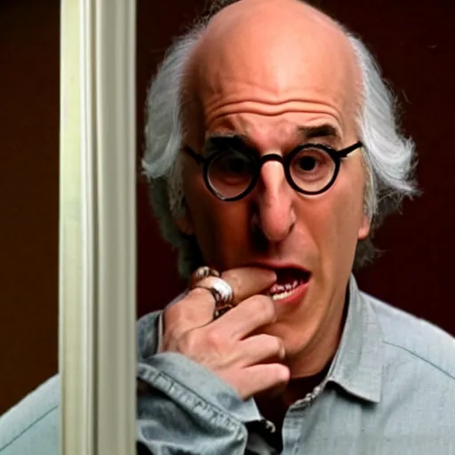 Prompt: larry david screaming at himself on the mirror