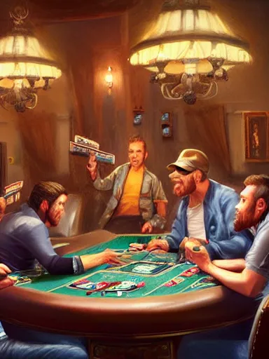 Image similar to guys yelling during a poker match. angry, intricate, elegant, highly detailed, digital painting, artstation, concept art, sharp focus, illustration, by justin gerard and artgerm, 8 k