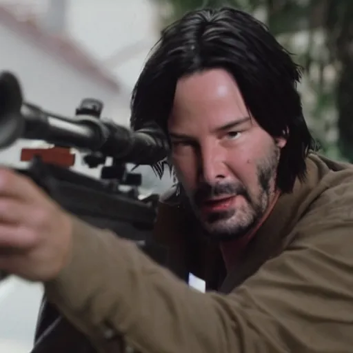 Prompt: fat Keanu Reeves using a sniper rifle, film still, detailed, 4k