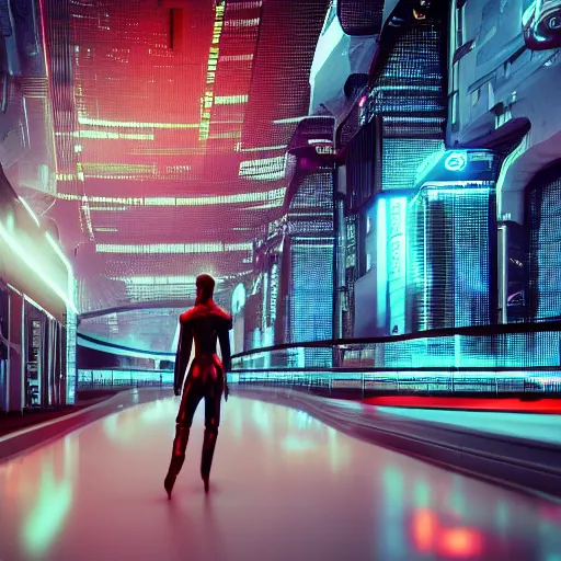 Image similar to photo of a lone android walking in a futuristic city in a dystopian future made of electronic components and looks like a giant pcb board. Very detailed 8k. Unreal engine 5 render with nanite, global illumination and path tracing. Cinematic post processing. Emphasize on the colors black and red.