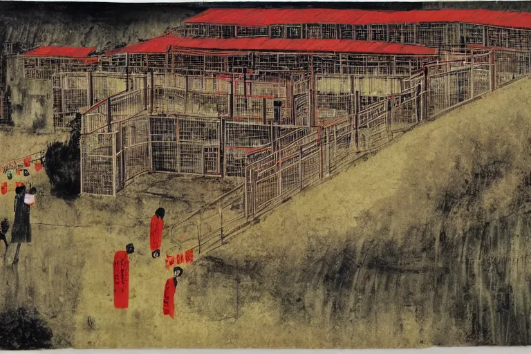 Image similar to a chinese prison near a river by peter doig, overlaid with chinese adverts