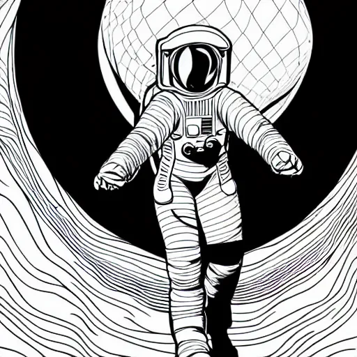 Prompt: clean simple line art of a woman floating in space. she is an astronaut, wearing a space suit. white background. well composed, clean black and white line drawing, beautiful detailed face. illustration by josan gonzalez and steve ditko and greg rutkowski