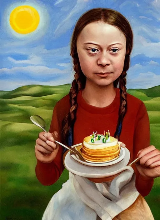 Image similar to greta thunberg eating cakes painted by salvador dali, detailed digital art, trending on Artstation