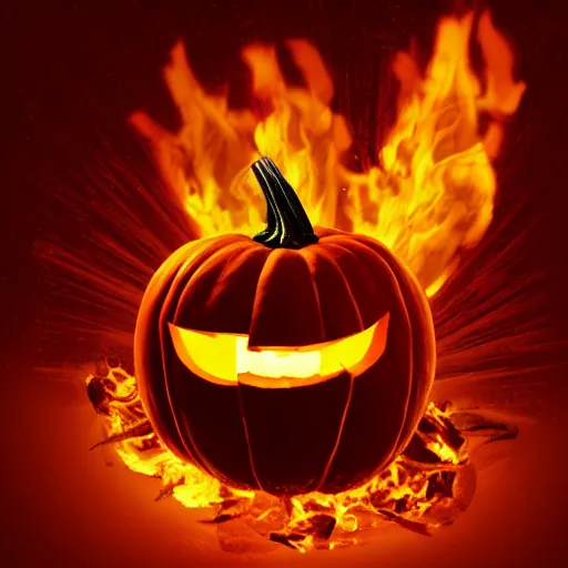 Image similar to pumpkin on fire, black background, high detail