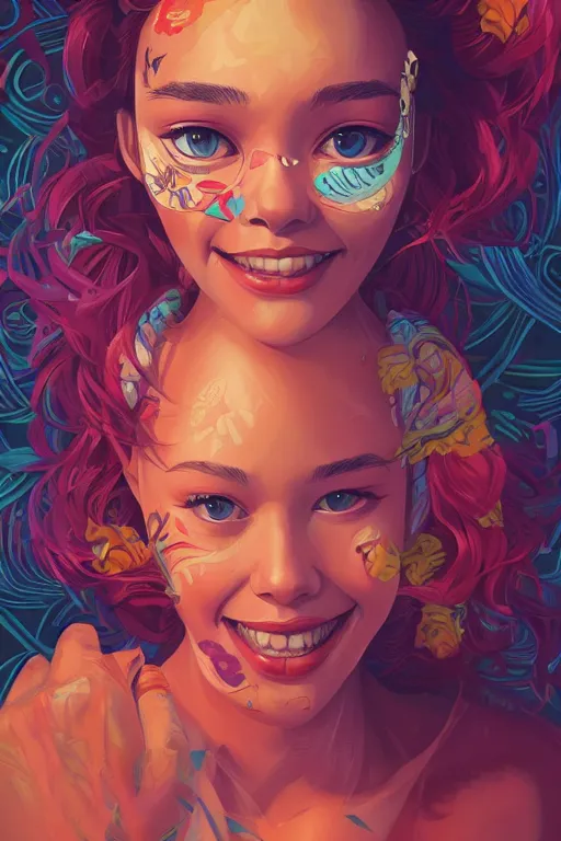 Prompt: a smiling cute girl beautiful skin and wavy hair, tristan eaton, victo ngai, artgerm, rhads, ross draws