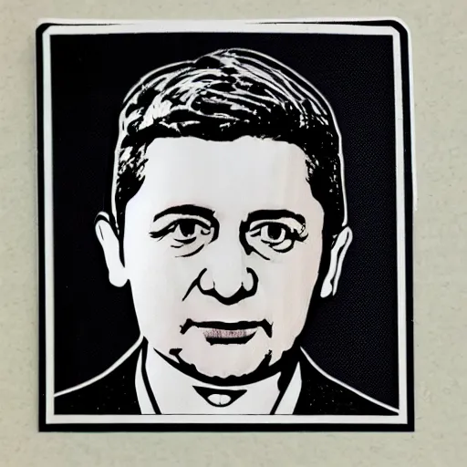 Prompt: volodymyr oleksandrovych zelensky president of ukraine. face like in his photographs. intricate sticker design by andy warhol