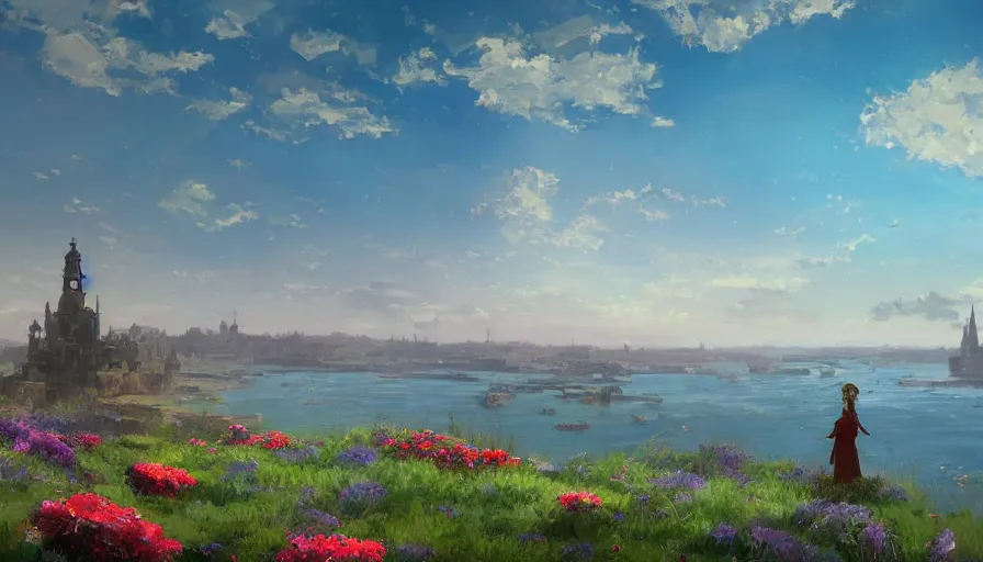 Prompt: over the shoulder landscape painting of violet evergarden standing on a distant colorful flower hill, behind it a distant old european city leiden from violet evergarden next to the reflecting ocean, ocean, sunshine, fantasy, intricate, elegant, highly detailed, digital painting, artstation, smooth, sharp focus, illustration, by Anton Fadeev and Philipp A. Urlich and greg rutkowski