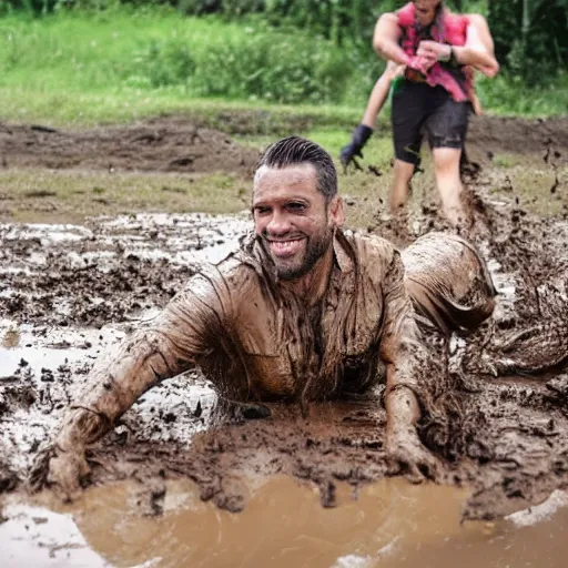 Prompt: film footage, a handsome man takes a woman out of the mud, clear and original image, no image error