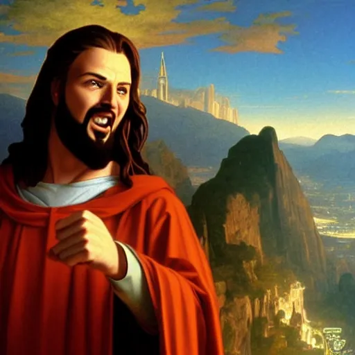 Prompt: buddy christ from dogma by kevin smith as christ the redeemer pointing both fingers in front of him, dynamic composition, dramatic lighting, trending on artstation, award winning art, stylized painting, ultrawide lens, aerial photography, rio de janeiro, 4 k, art by william bouguereau, alphonse mucha, greg rutkowski,