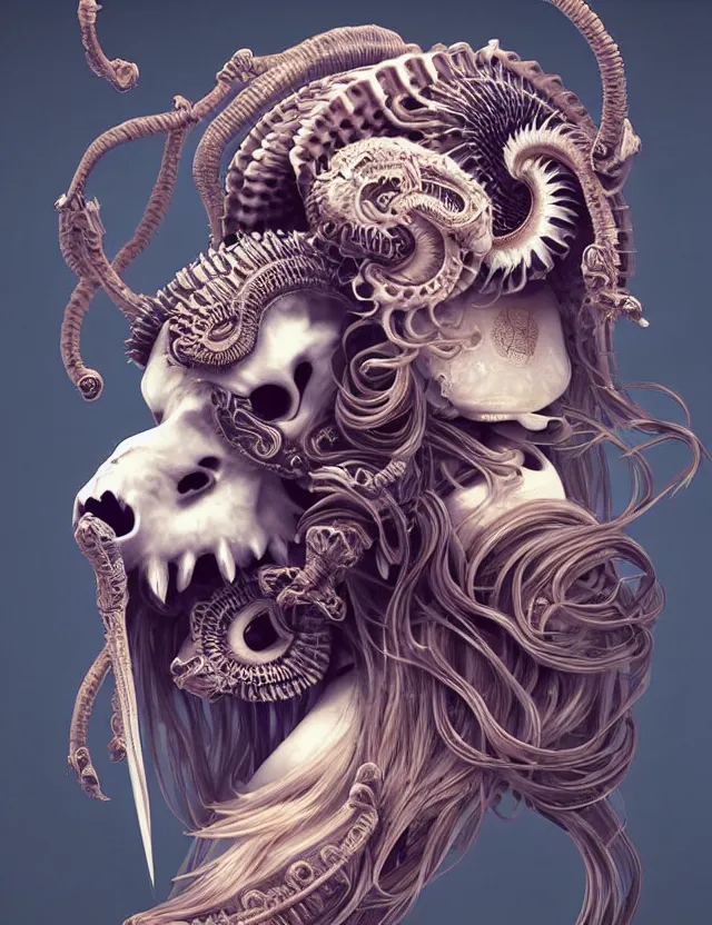 Image similar to 3 d goddess ram skull half - turn portrait with long hair with ram skull. beautiful intricately detailed japanese crow kitsune mask and clasical japanese kimono. betta fish, jellyfish phoenix, bio luminescent, plasma, ice, water, wind, creature, artwork by tooth wu and wlop and beeple and greg rutkowski