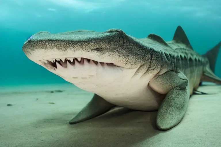 Image similar to a crocodile shark!!! hybrid! hyper realistic!! realistic lighting!! wildlife photographer of the year!!! bold natural colors, national geographic, hd, wide angle, 8 k