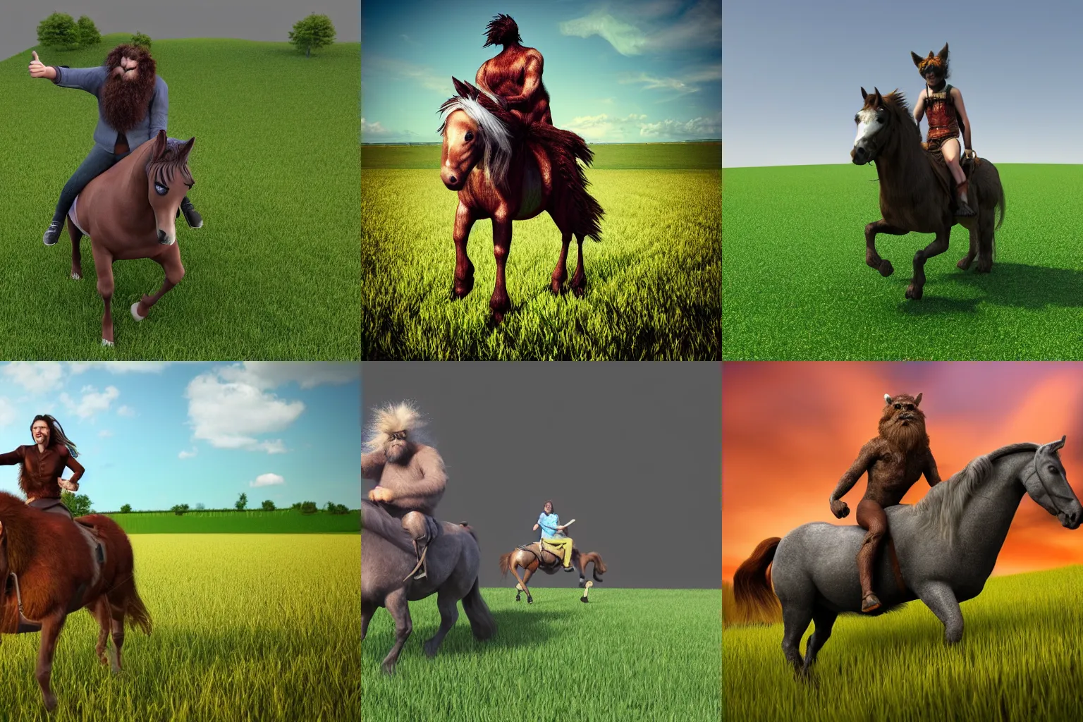 Prompt: hairy monster riding a horse in a field, realistic, 3D render