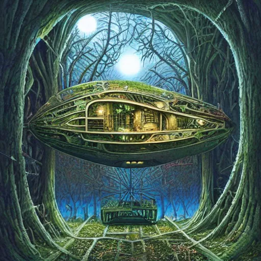 Image similar to overgrown spaceship by rob gonsalves, greg rutkowski, tim white, alex grey